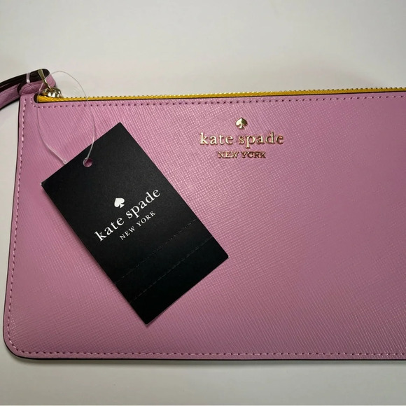 NWT Kate Spade Lucy Lavender Pink & Yellow Leather L-Zip Wristlet KH765 Wallet - Picture 6 of 11